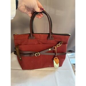 R. Riveter American Handmade Red Canvas Brown Leather Gold Handbag Purse
